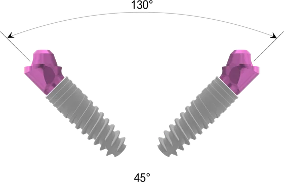 Схема XGate Dental: угловой D-type 45°, расхождение до 130°; схема без кости и десны, не в масштабе